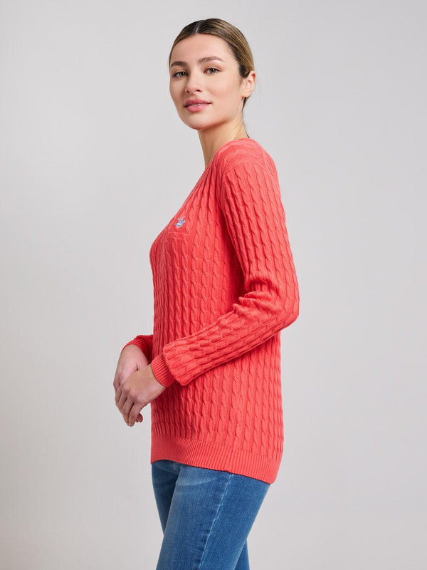 Beverly Hills Polo Club CABLE KNIT V-NECK COTTON KNIT SUMMER PEACH