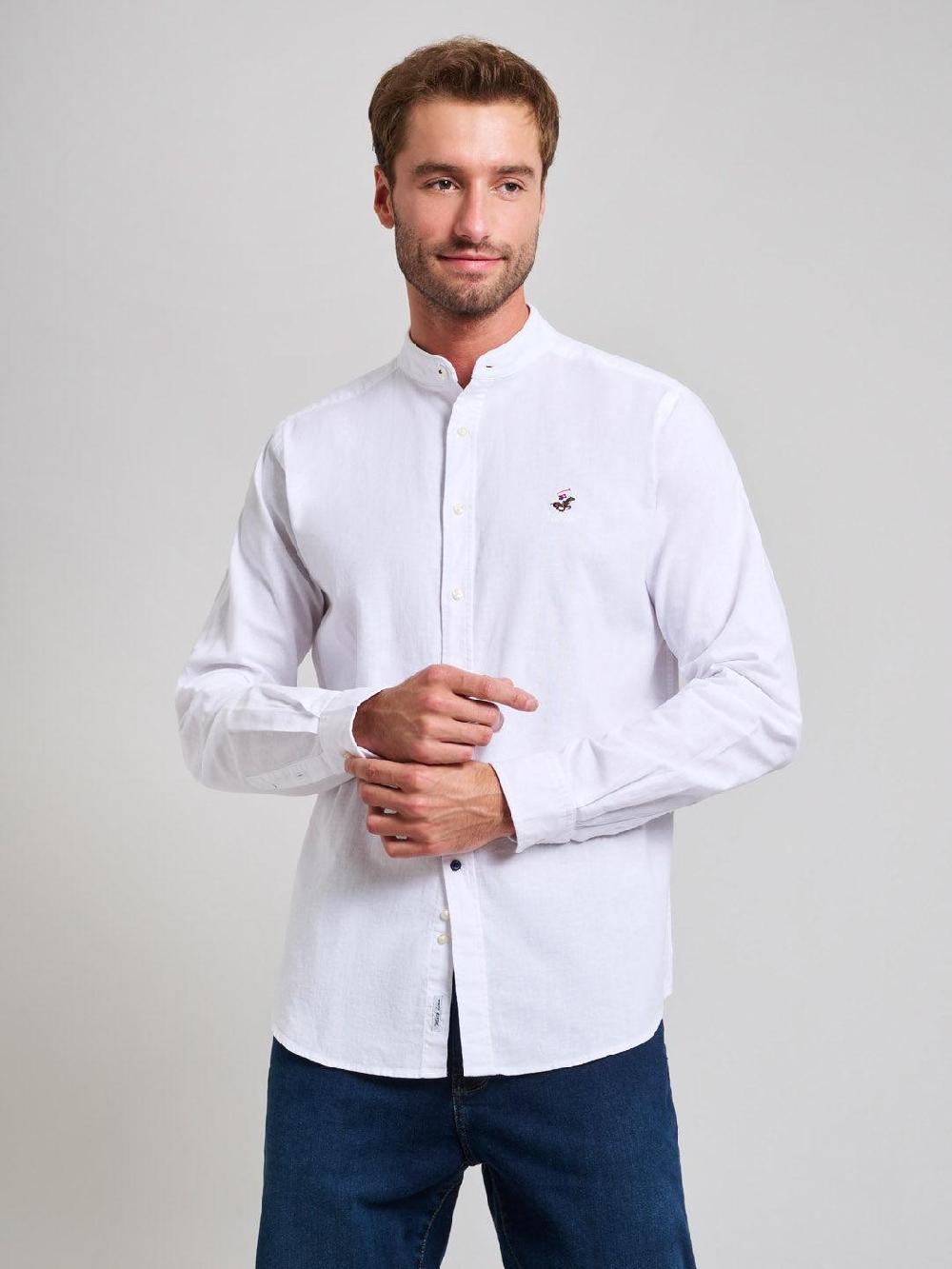 beverly hills polo club COLLARLESS LINEN BLEND SHIRT GHOST WHITE