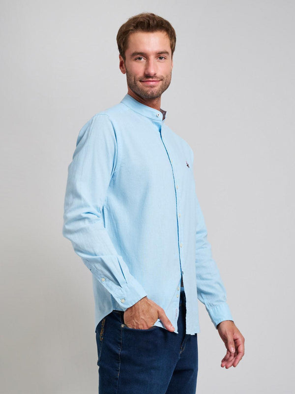 Beverly Hills Polo Club COLLARLESS LINEN BLEND SHIRT LIGHT BLUE