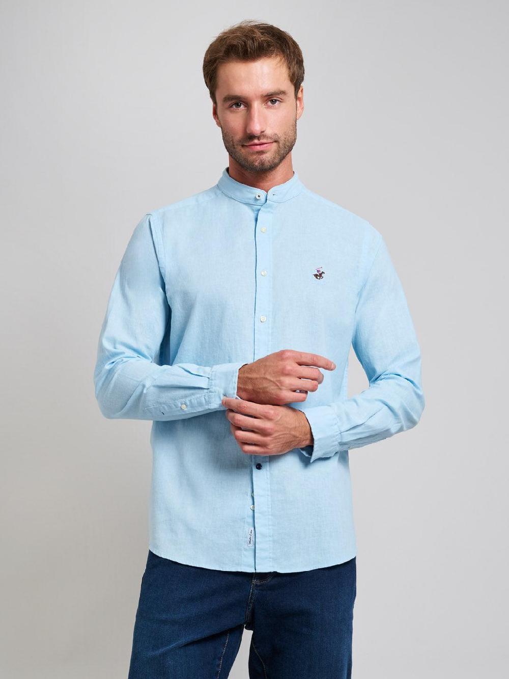 beverly hills polo club COLLARLESS LINEN BLEND SHIRT LIGHT BLUE