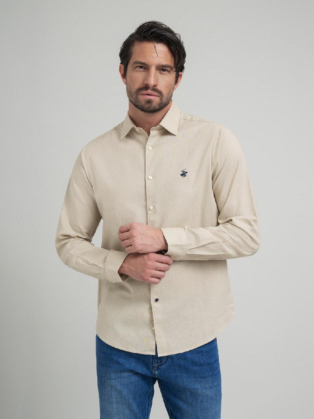 beverly hills polo club CONTRAST BUTTON SHIRT OATMEAL