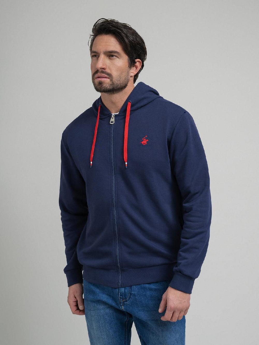 beverly hills polo club CONTRAST POLO PONY ZIP HOODIE NAVY