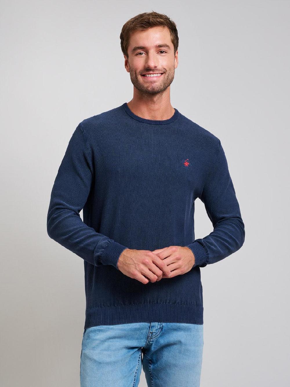 beverly hills polo club GARMENT DYED MODERN SLIM FIT CREWNECK COTTON KNIT DARK NAVY