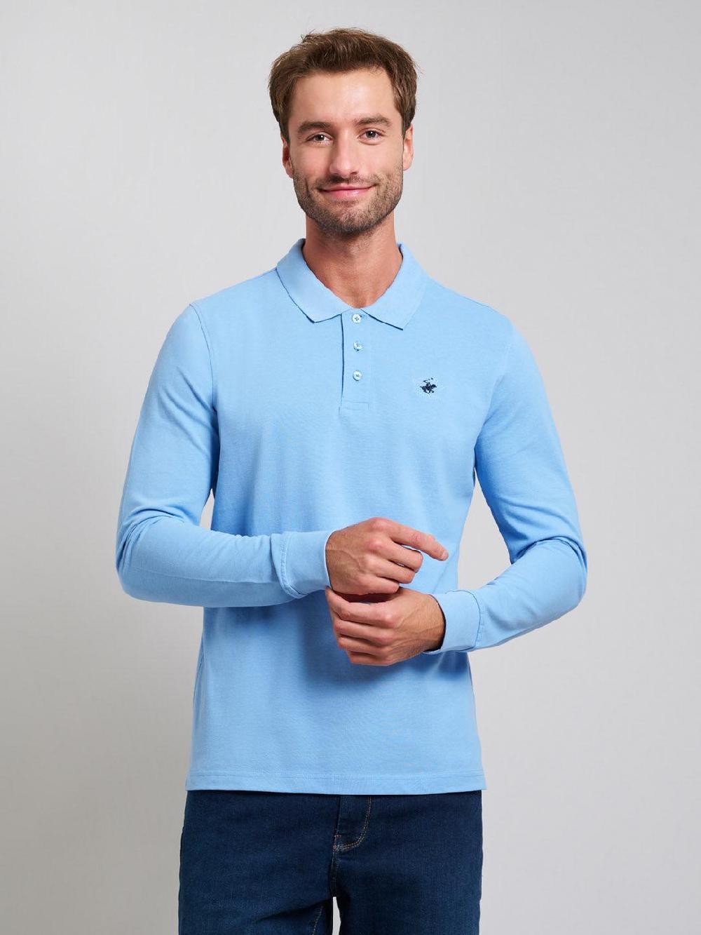 beverly hills polo club MODERN SLIM FIT LONG SLEEVED POLO SHIRT BREEZE BLUE