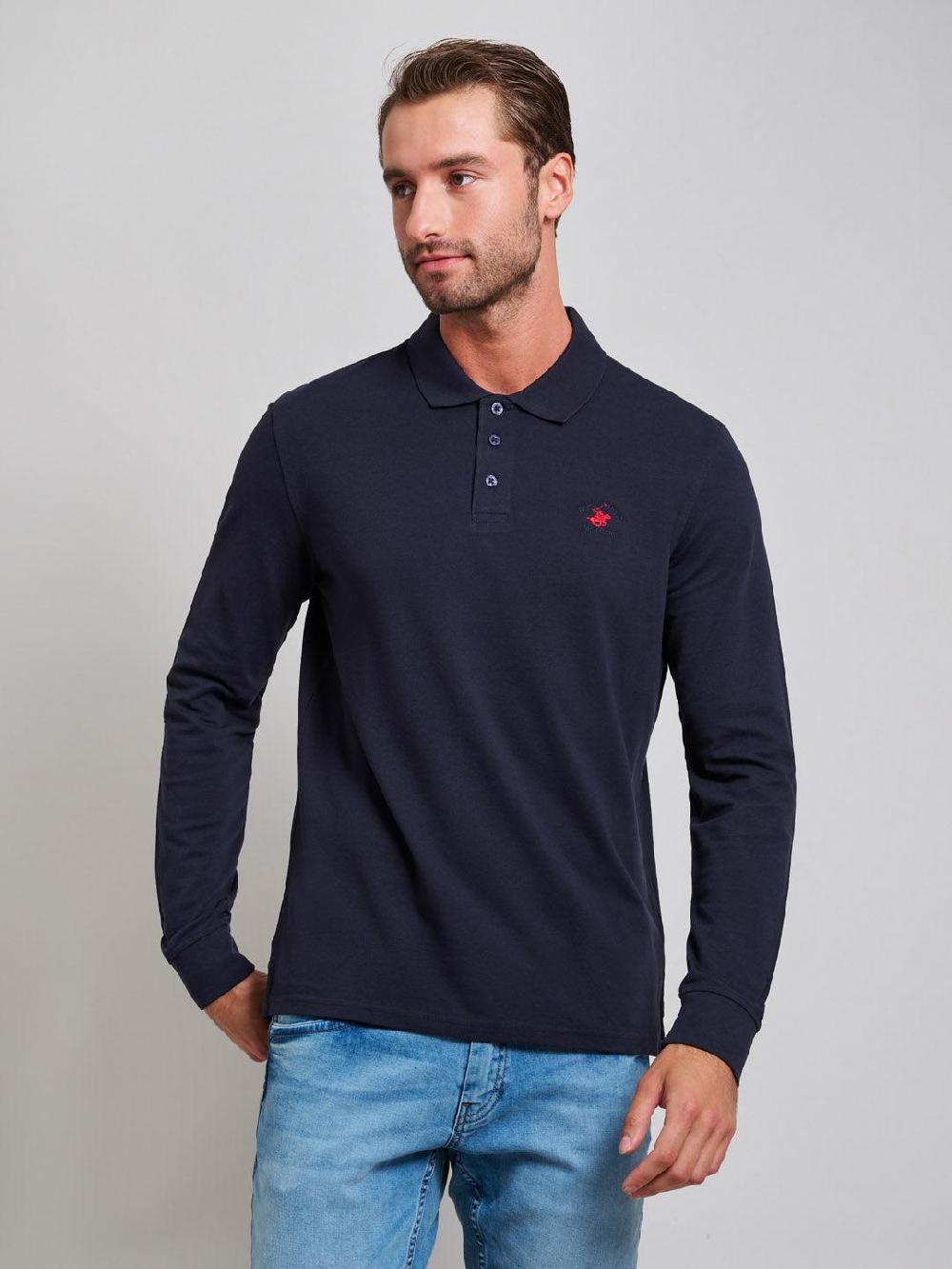 beverly hills polo club MODERN SLIM FIT LONG SLEEVED POLO SHIRT DARK NAVY