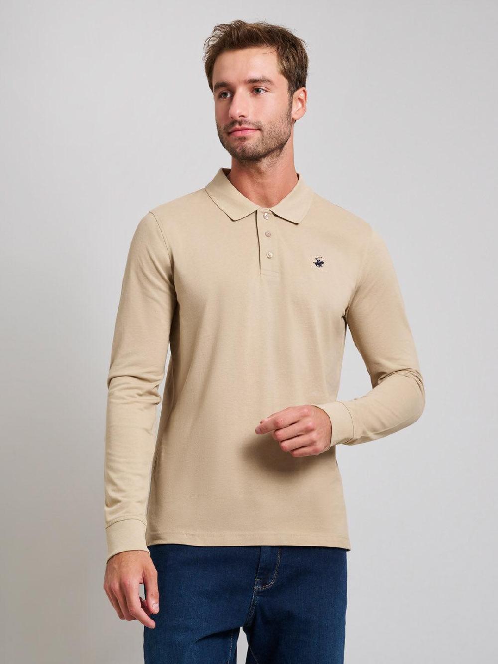 beverly hills polo club MODERN SLIM FIT LONG SLEEVED POLO SHIRT DESERT SAND