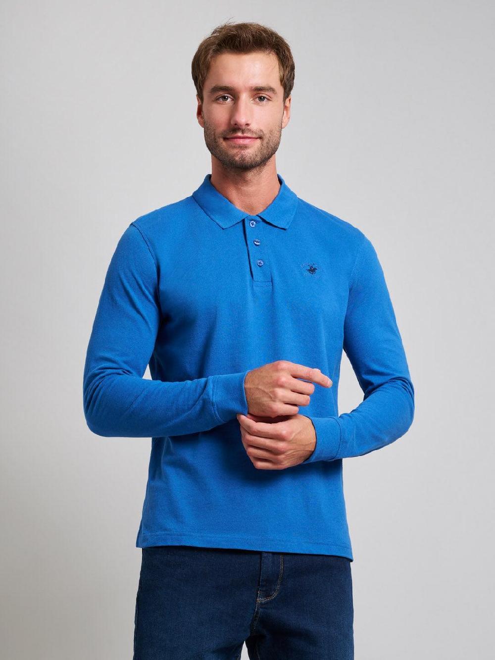 beverly hills polo club MODERN SLIM FIT LONG SLEEVED POLO SHIRT MARINE BLUE