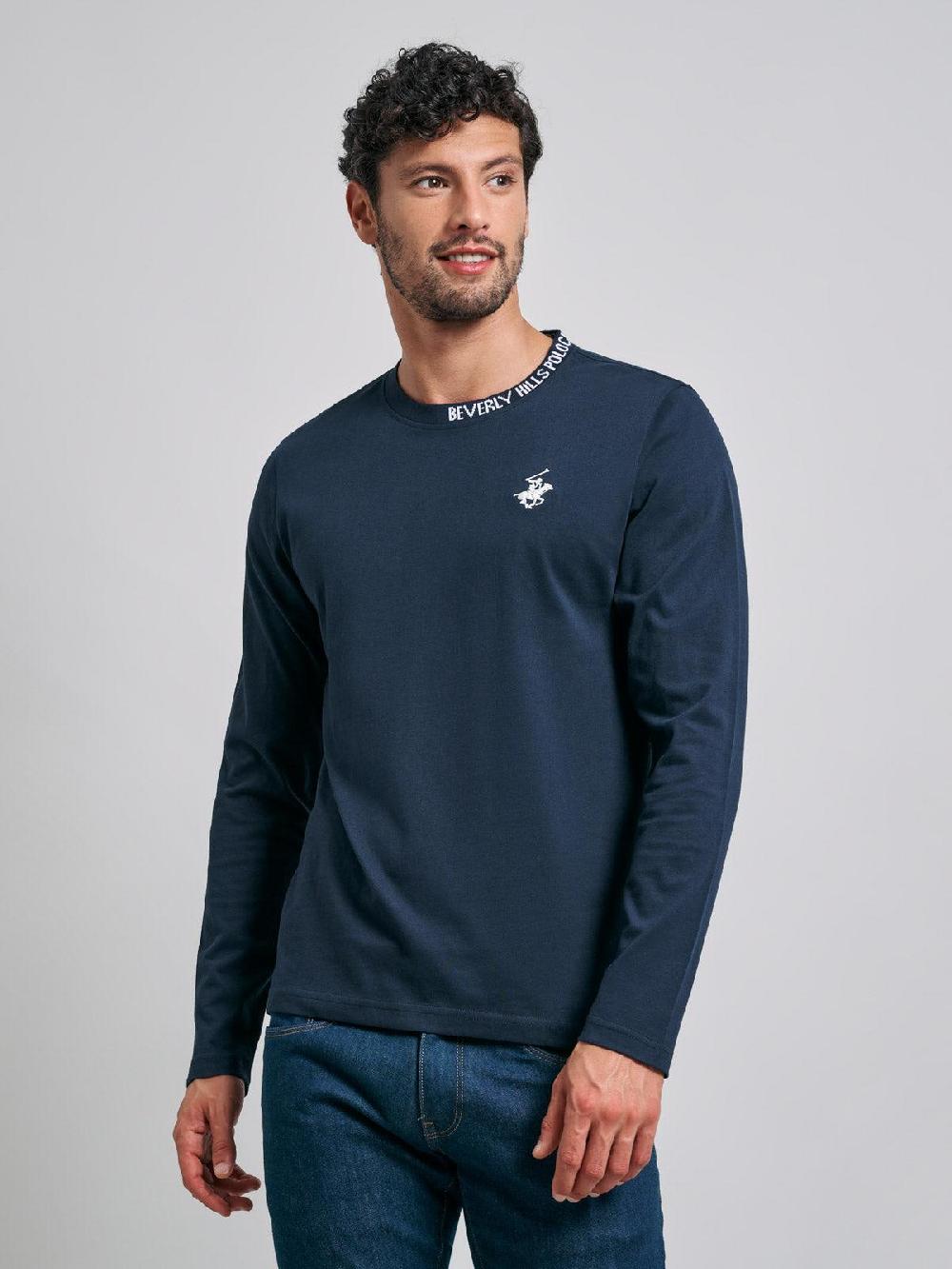 beverly hills polo club NECK LOGO ICON PONY LS T-SHIRT NAVY