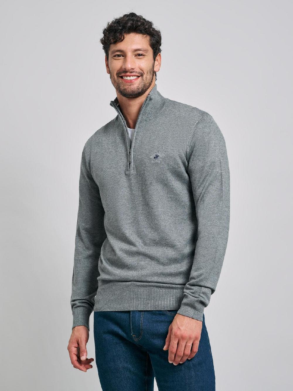 beverly hills polo club POLO PONY 1/4 ZIP KNIT GREY MELANGE