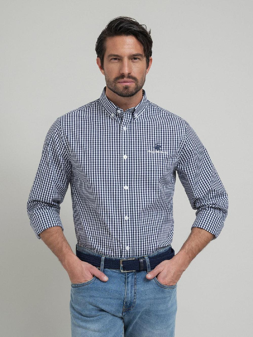 beverly hills polo club POLO PONY BUTTON DOWN CHECK SHIRT NAVY