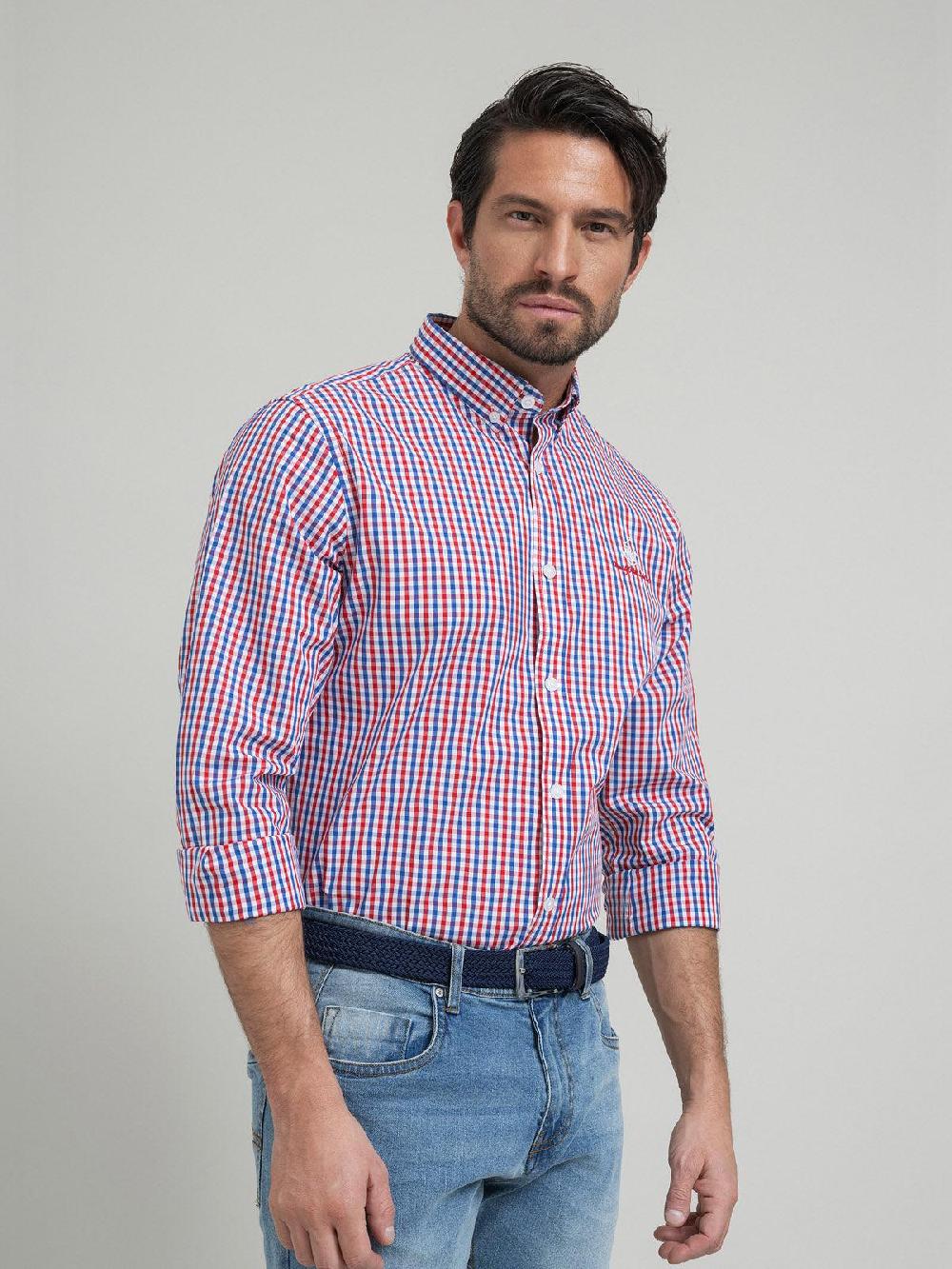 beverly hills polo club POLO PONY BUTTON DOWN CHECK SHIRT RED MULTI