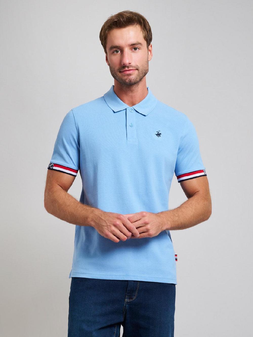 beverly hills polo club RIBBED SLEEVE MODERN SLIM FIT POLO SHIRT BREEZE BLUE