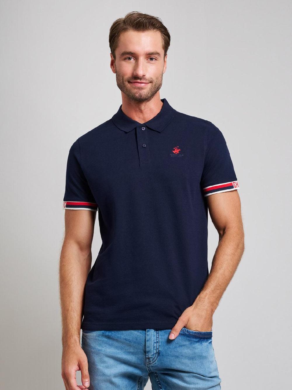 beverly hills polo club RIBBED SLEEVE MODERN SLIM FIT POLO SHIRT DARK NAVY