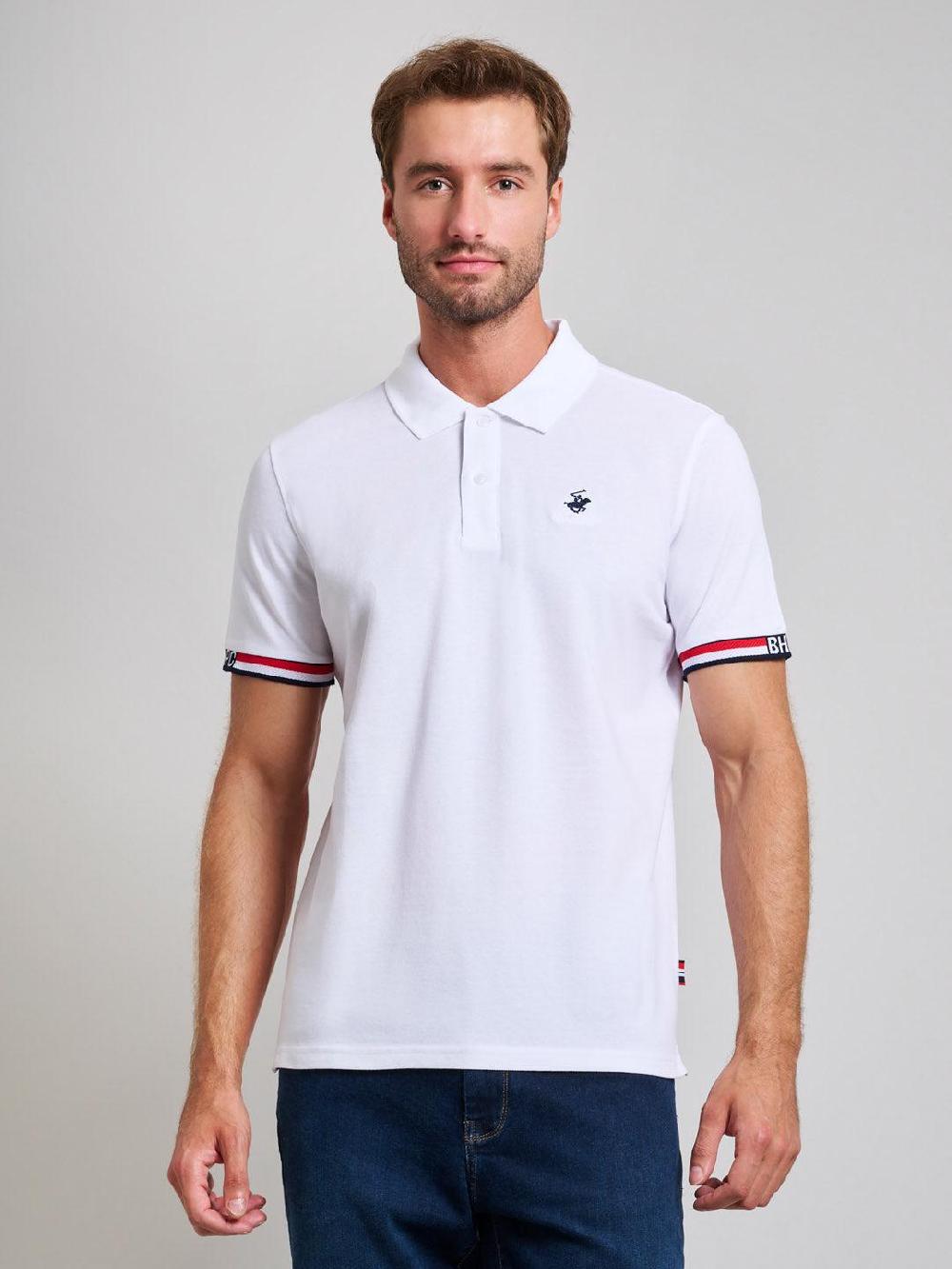 beverly hills polo club RIBBED SLEEVE MODERN SLIM FIT POLO SHIRT GHOST WHITE