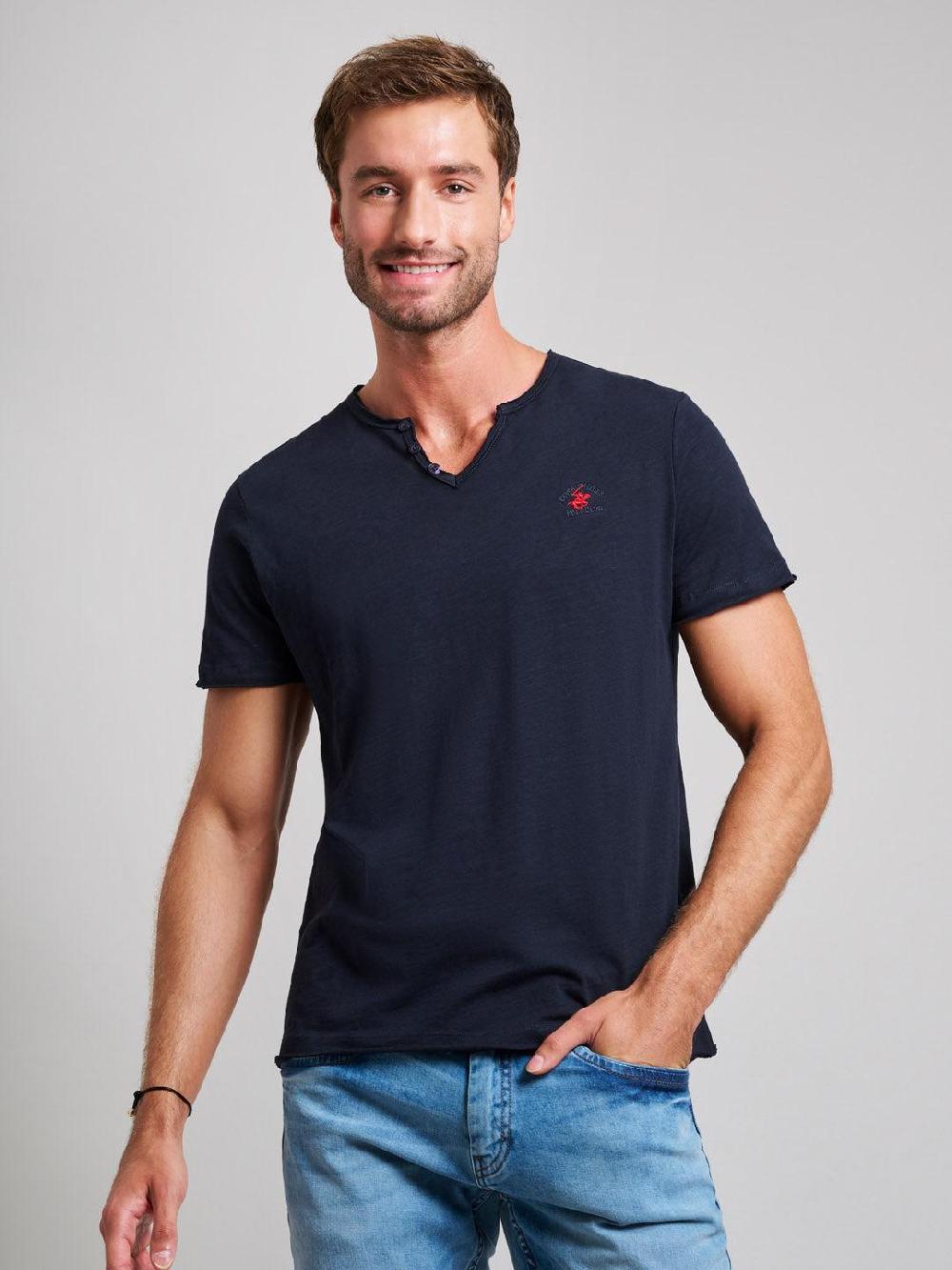 beverly hills polo club SLUB COTTON HENLEY T-SHIRT DARK NAVY