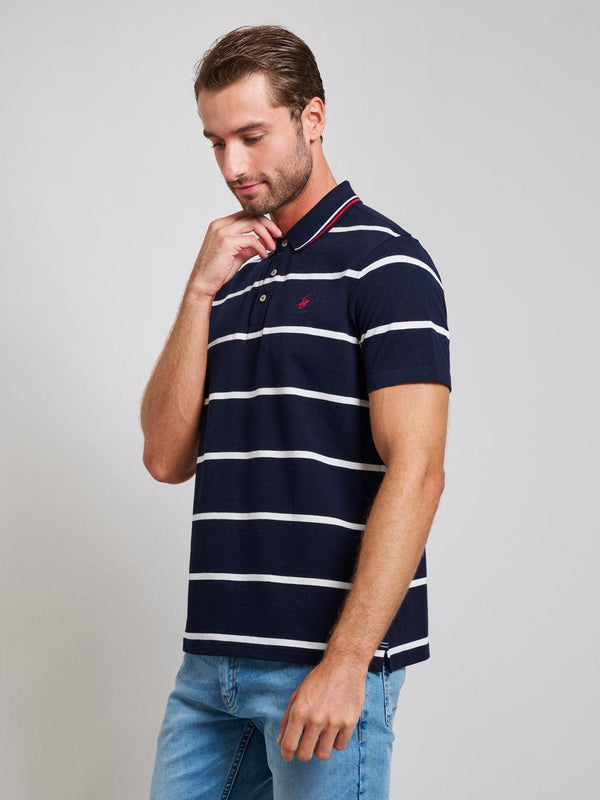 Beverly Hills Polo Club STRIPED MODERN SLIM FIT POLO SHIRT DARK NAVY