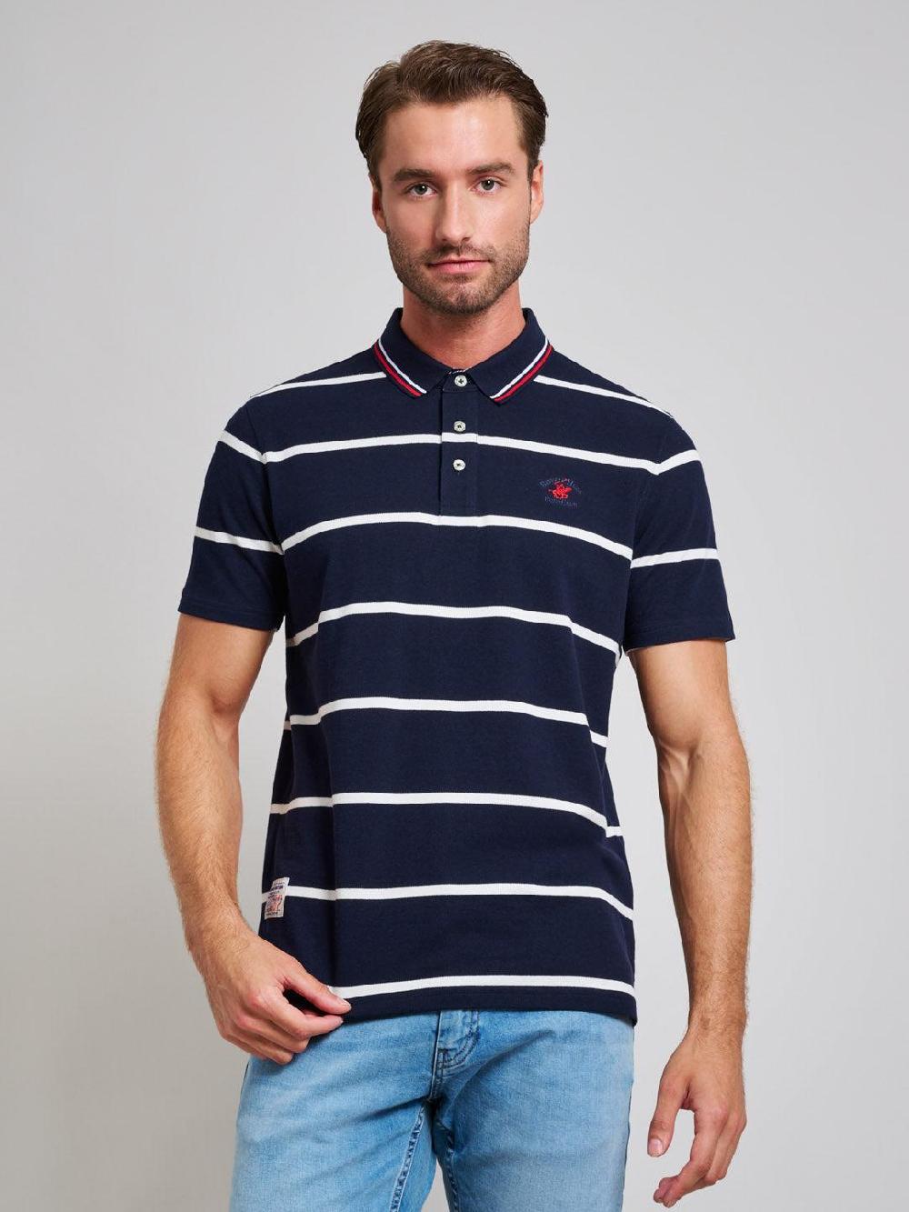 beverly hills polo club STRIPED MODERN SLIM FIT POLO SHIRT DARK NAVY