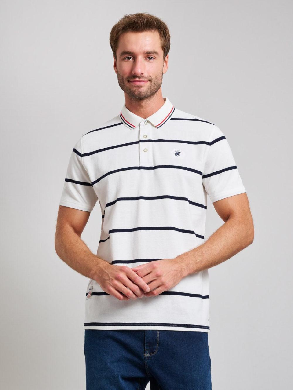 beverly hills polo club STRIPED MODERN SLIM FIT POLO SHIRT GHOST WHITE