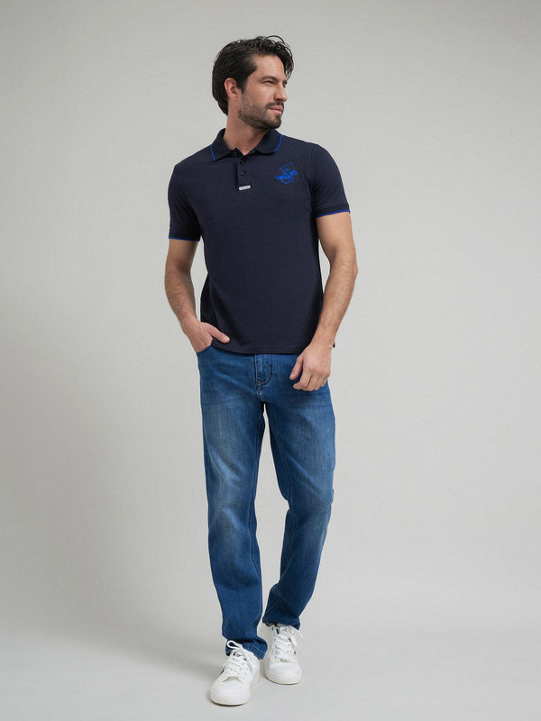 Beverly Hills Polo Club TIPPED ICON PONY PLACKET TAG POLO SHIRT NAVY