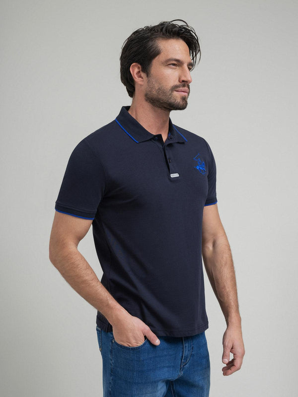 Beverly Hills Polo Club TIPPED ICON PONY PLACKET TAG POLO SHIRT NAVY