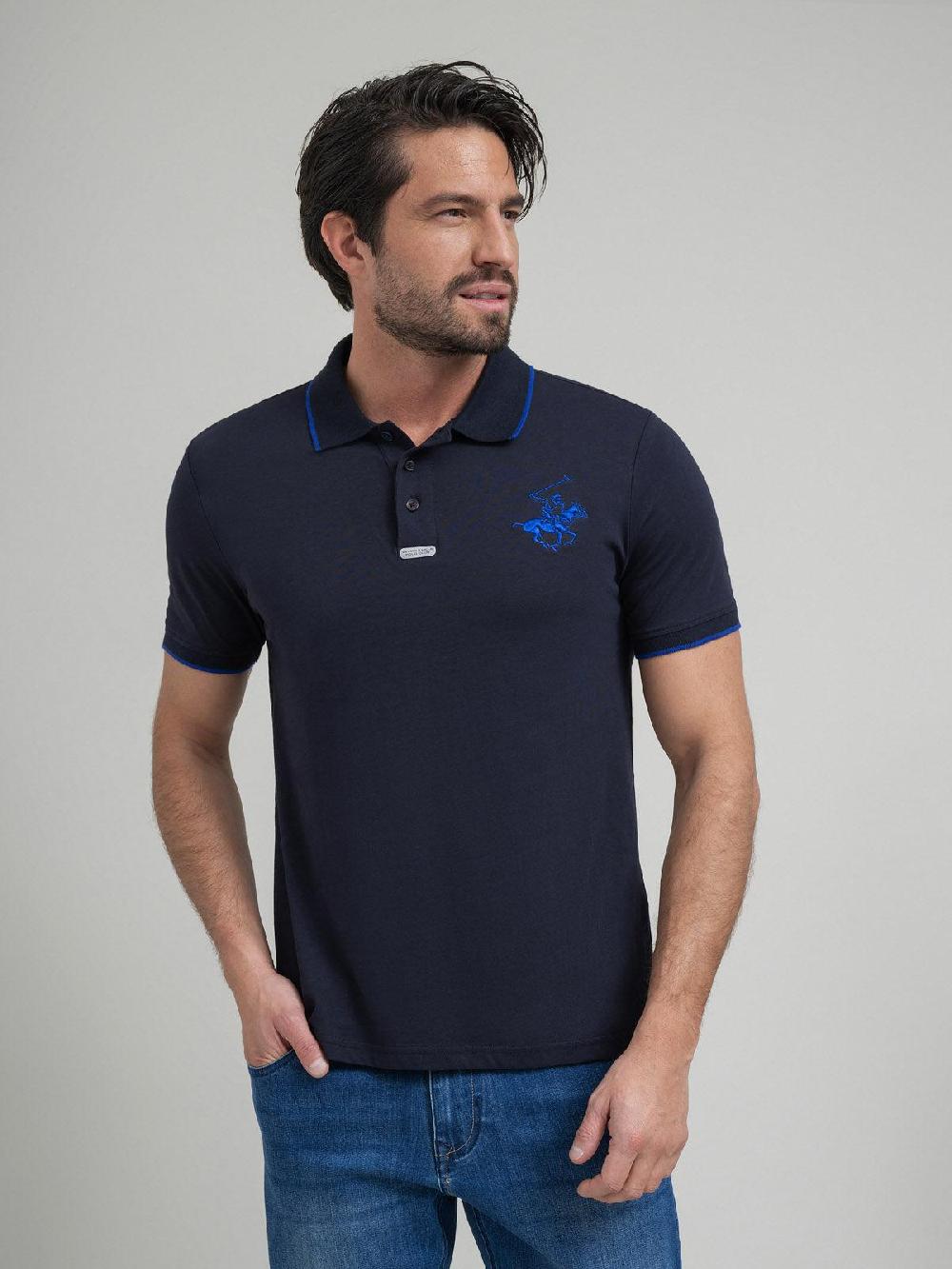 beverly hills polo club TIPPED ICON PONY PLACKET TAG POLO SHIRT NAVY