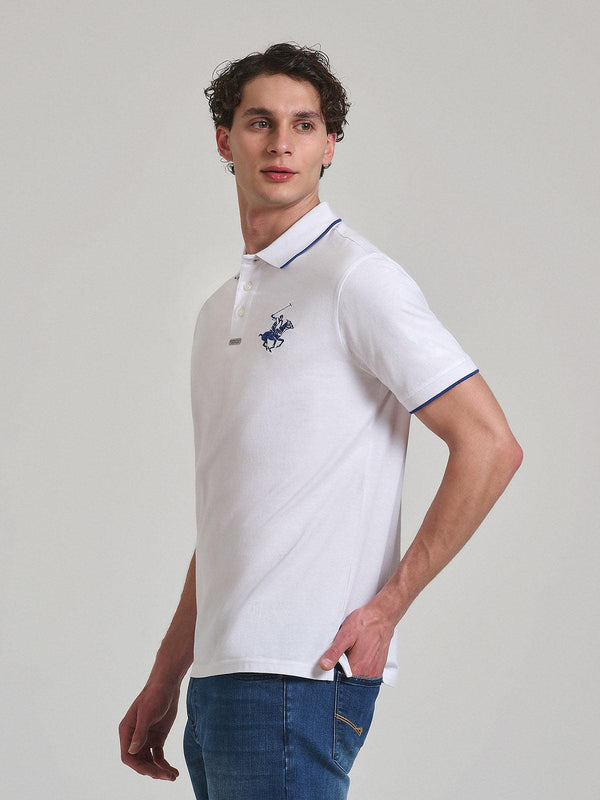 Beverly Hills Polo Club TIPPED ICON PONY PLACKET TAG POLO SHIRT WHITE