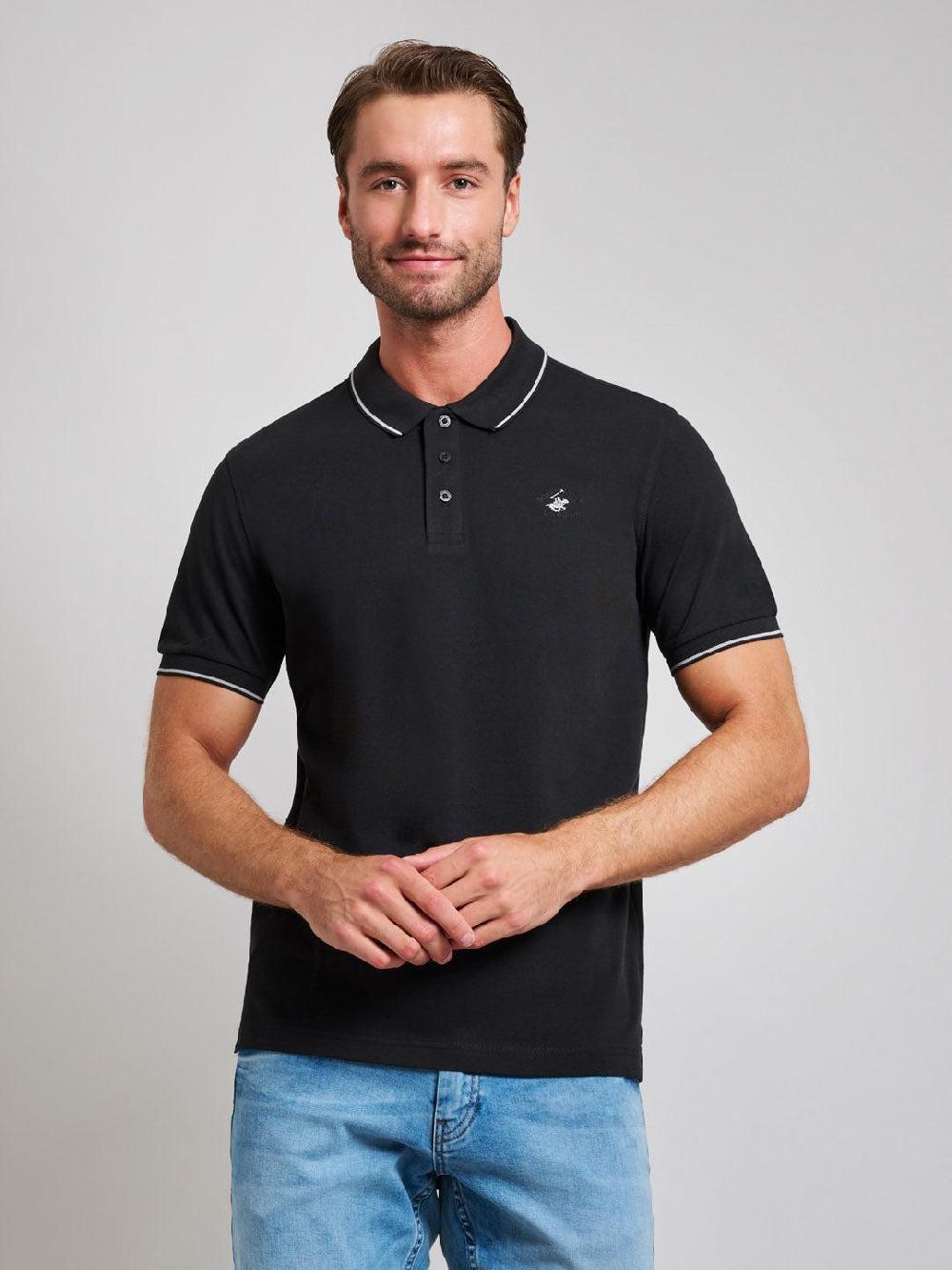 beverly hills polo club TIPPED MODERN SLIM FIT POLO SHIRT CLUB BLACK
