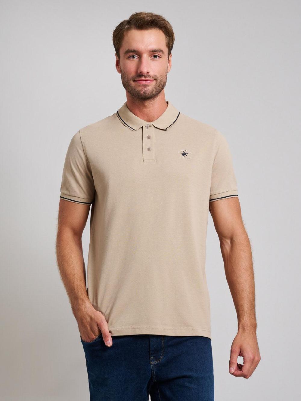 beverly hills polo club TIPPED MODERN SLIM FIT POLO SHIRT DESERT SAND