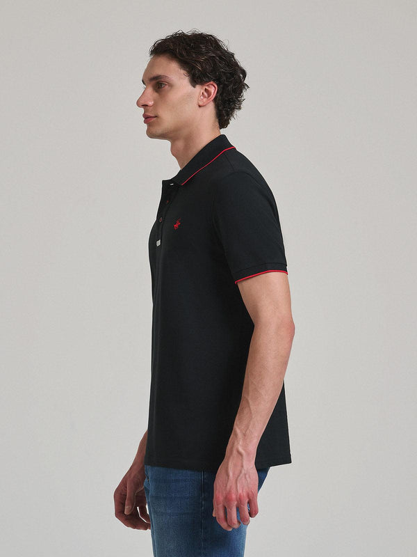Beverly Hills Polo Club TIPPED PLACKET TAG POLO SHIRT BLACK