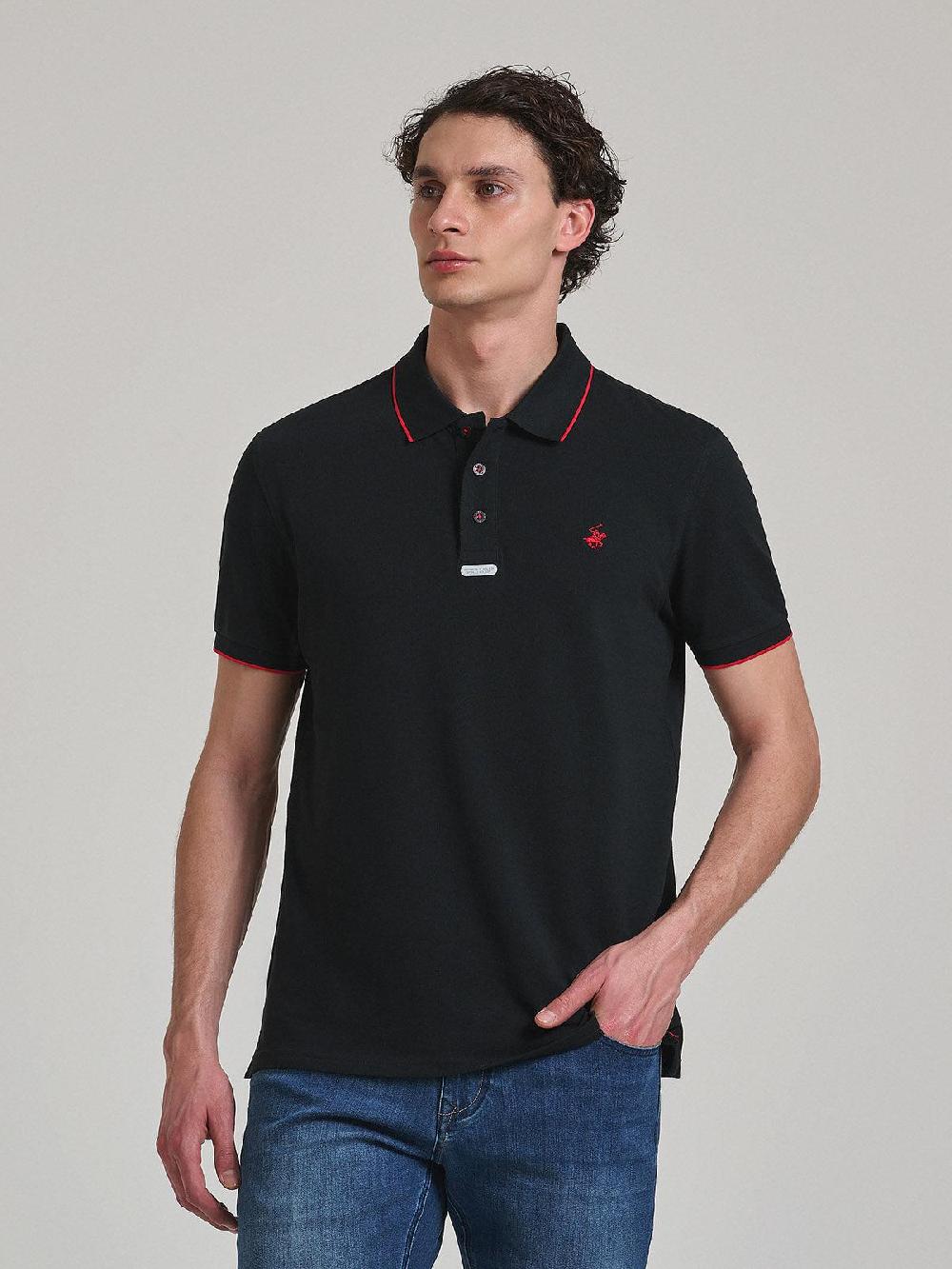 beverly hills polo club TIPPED PLACKET TAG POLO SHIRT BLACK