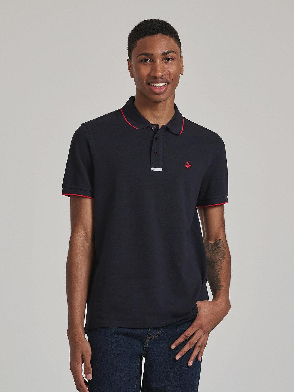 beverly hills polo club TIPPED PLACKET TAG POLO SHIRT NAVY