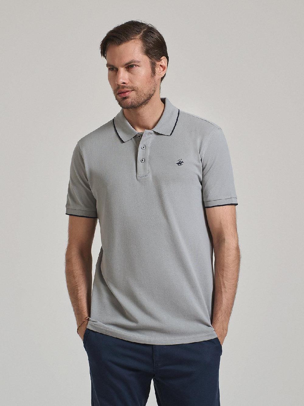 beverly hills polo club TIPPED PLACKET TAG POLO SHIRT STEEL GREY