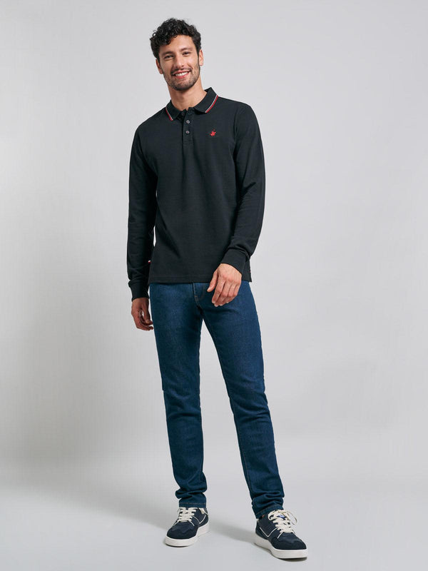 Beverly Hills Polo Club TIPPED POLO PONY LS POLO SHIRT BLACK