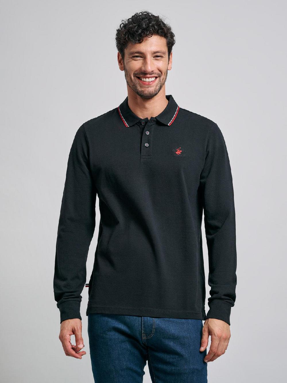 beverly hills polo club TIPPED POLO PONY LS POLO SHIRT BLACK