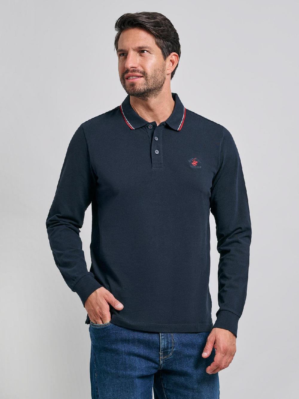 beverly hills polo club TIPPED POLO PONY LS POLO SHIRT NAVY