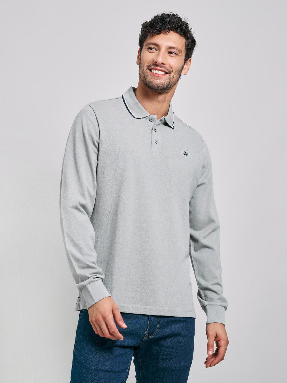 beverly hills polo club TIPPED POLO PONY LS POLO SHIRT STEEL GREY