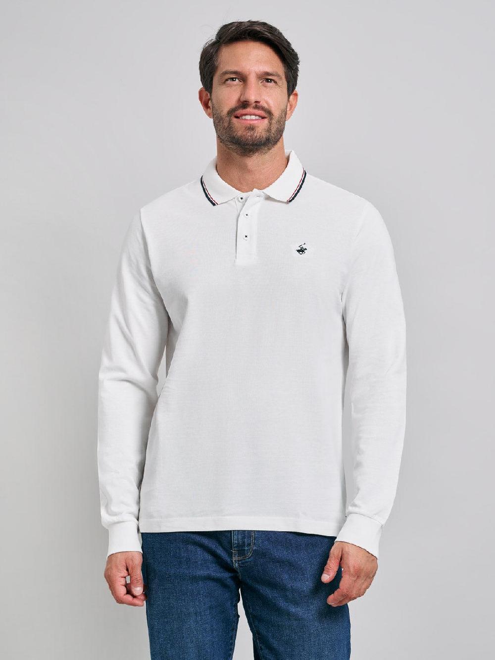 beverly hills polo club TIPPED POLO PONY LS POLO SHIRT WINTER WHITE