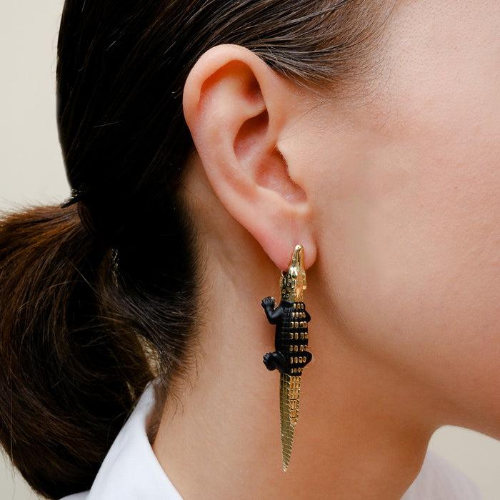 Bibi Van Der Velden Alligator Ebony Wood With Gold Studs Bite Earring Large