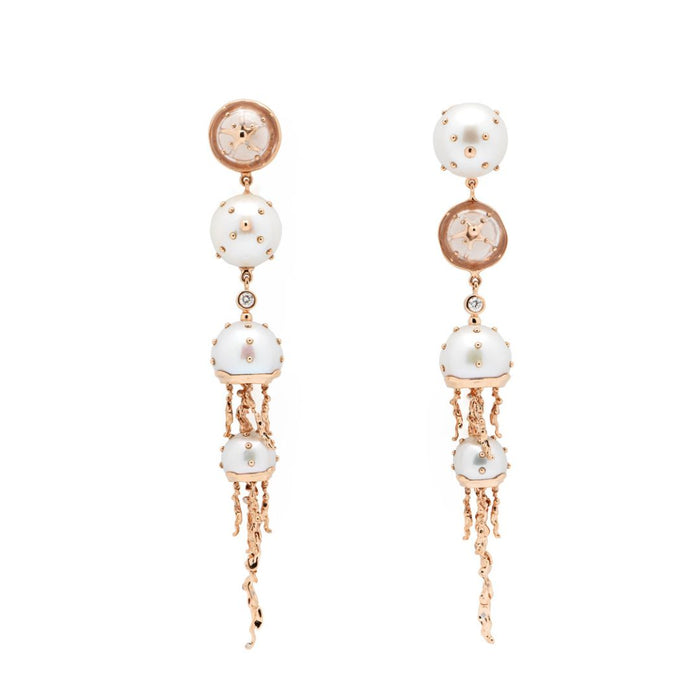 Bibi Van Der Velden Jellyfish Quartz And White Pearls Drop Earring With Diamonds
