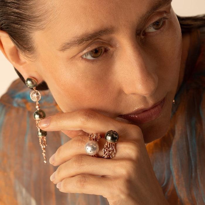 Bibi Van Der Velden Jellyfish Tahitian Pearl And Quartz Drop Earring With Diamonds