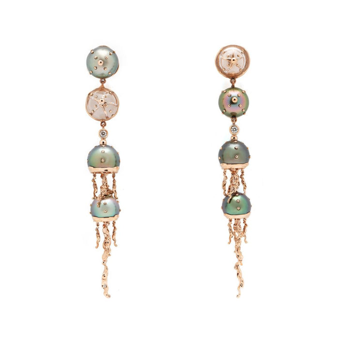 Bibi Van Der Velden Jellyfish Tahitian Pearl And Quartz Drop Earring With Diamonds