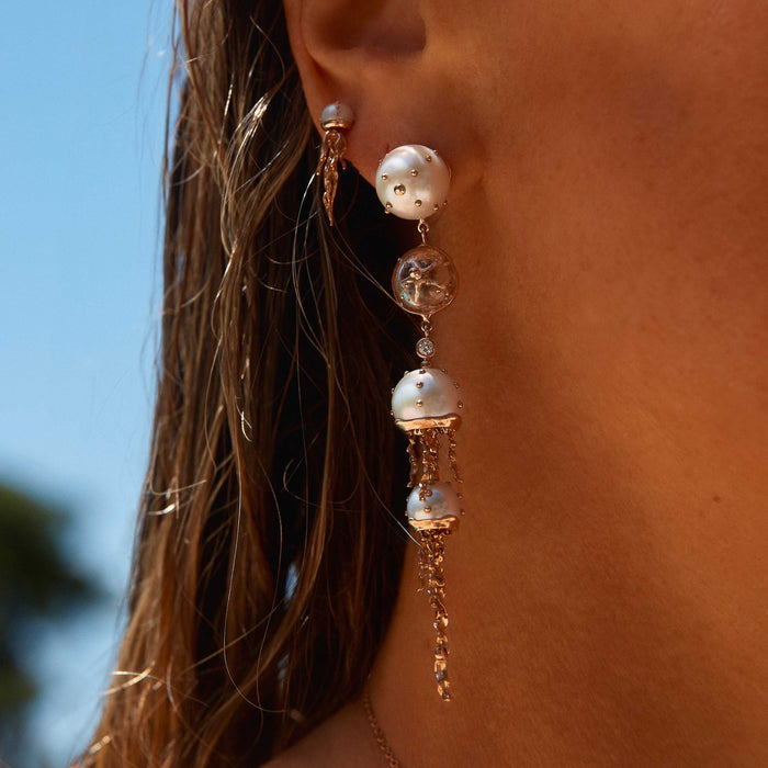 Bibi Van Der Velden Jellyfish White Pearls And Quartz Drop Earring With Diamonds