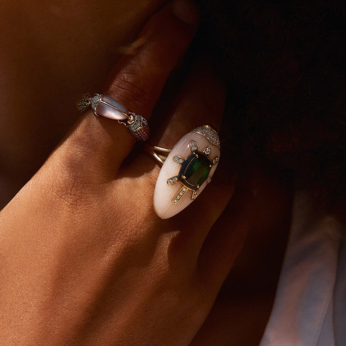 Bibi Van Der Velden Scarab Pink Opal Ring With Green Tourmaline