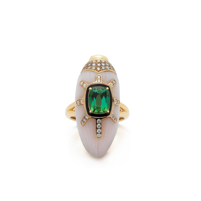 bibi van der velden Scarab Pink Opal Ring with Green Tourmaline
