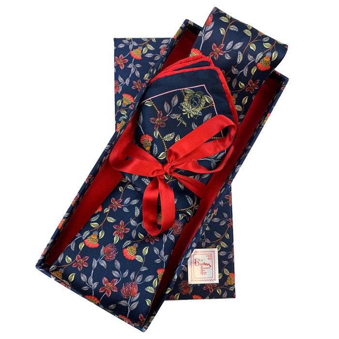 bijan Bijan Navy and Red Print Pure Silk Tie Set