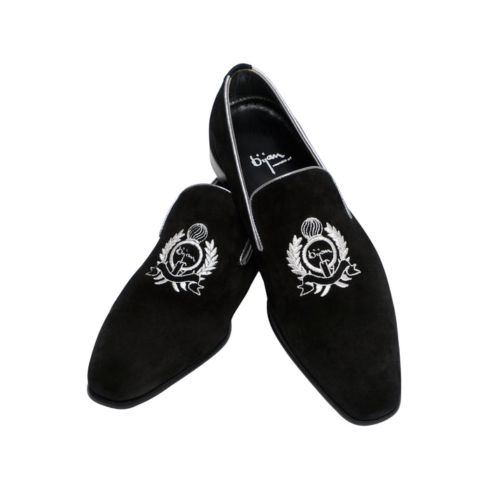 Bijan Black And Silver Suede Loafer