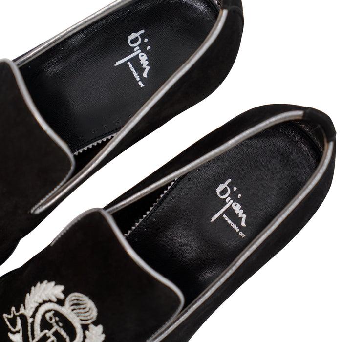 Bijan Black And Silver Suede Loafer