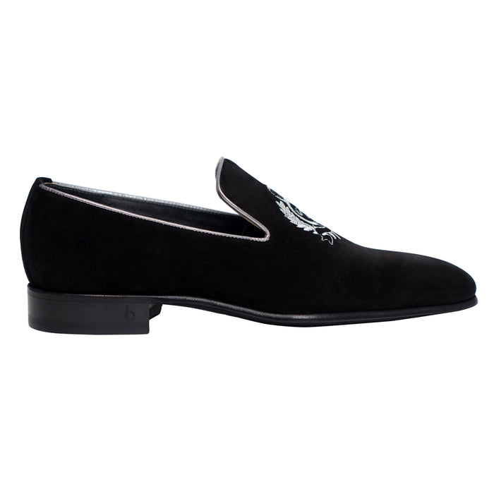 Bijan Black And Silver Suede Loafer