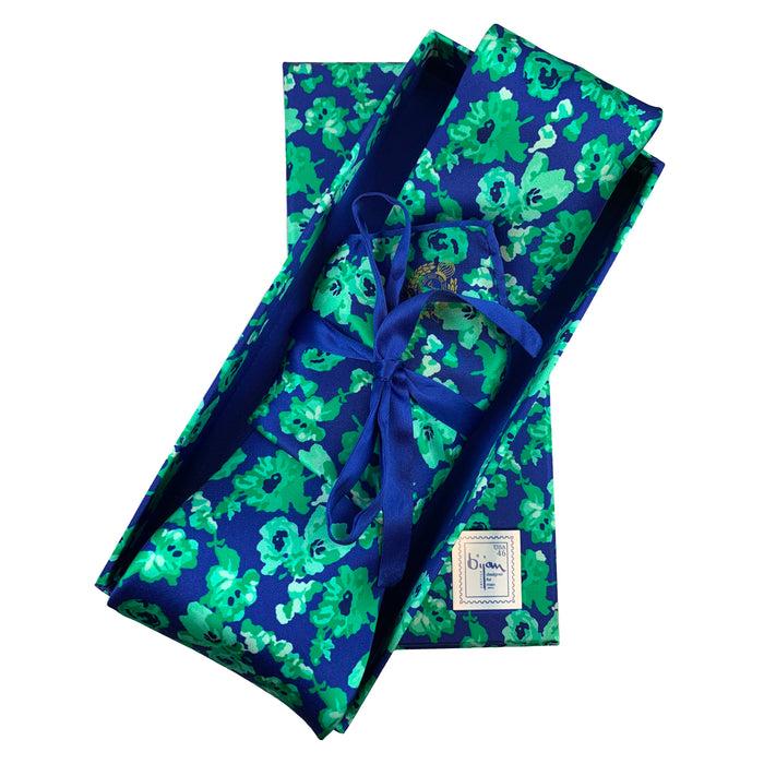 bijan Bijan Blue and Green Floral Pure Silk Tie Set