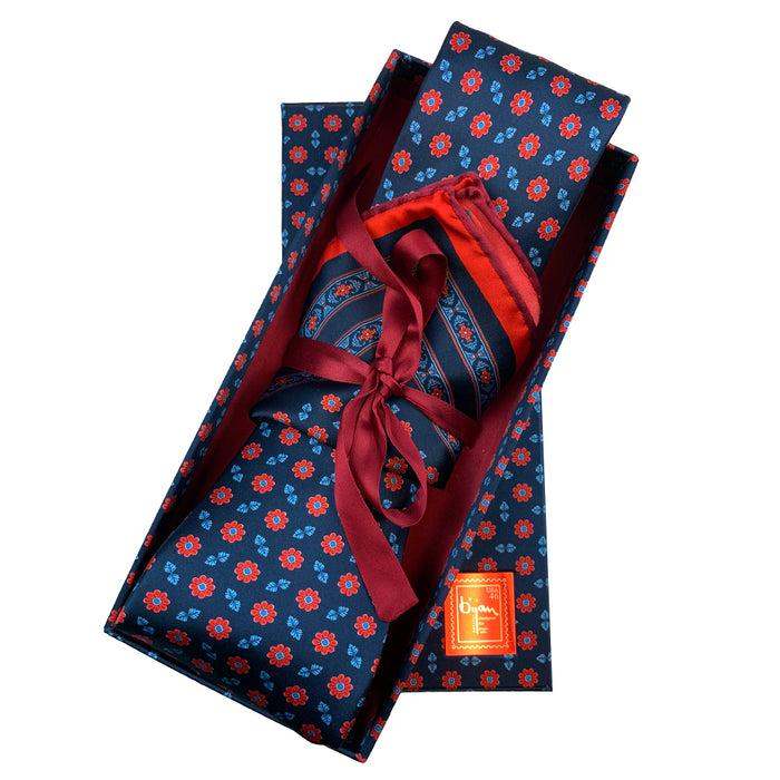 bijan Bijan Blue and Green Floral Pure Silk Tie Set